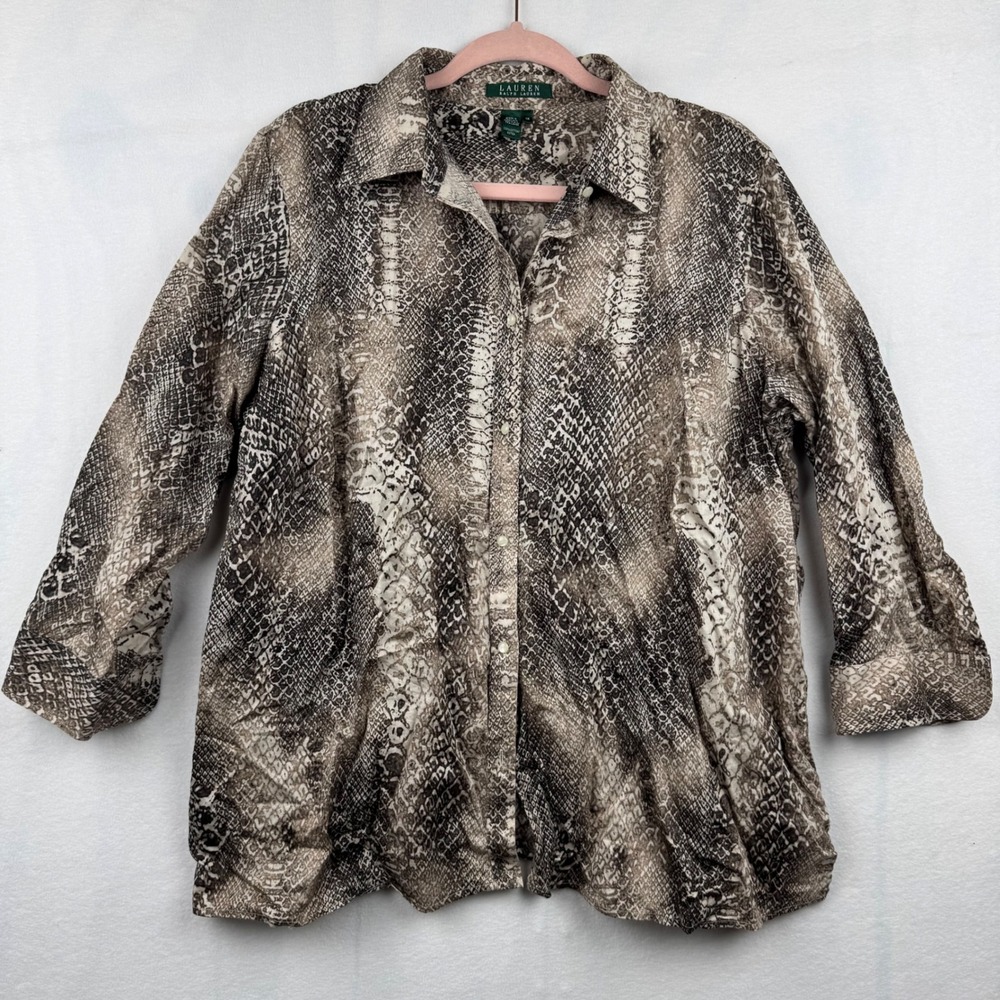 Lauren Ralph Lauren Snakeskin Print Cotton Button Up Shirt‎ Top 1X Women's